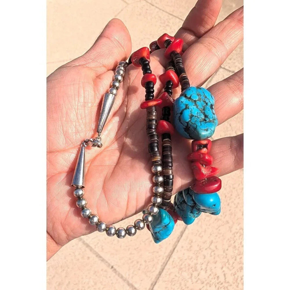 Vtg Turquoise & Red Coral Necklace Native American Style Silver Tone Handmade